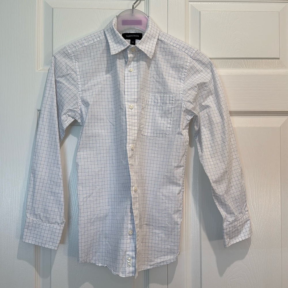 Button up dress shirt. White with blue check, 100% cotton, machine wash.